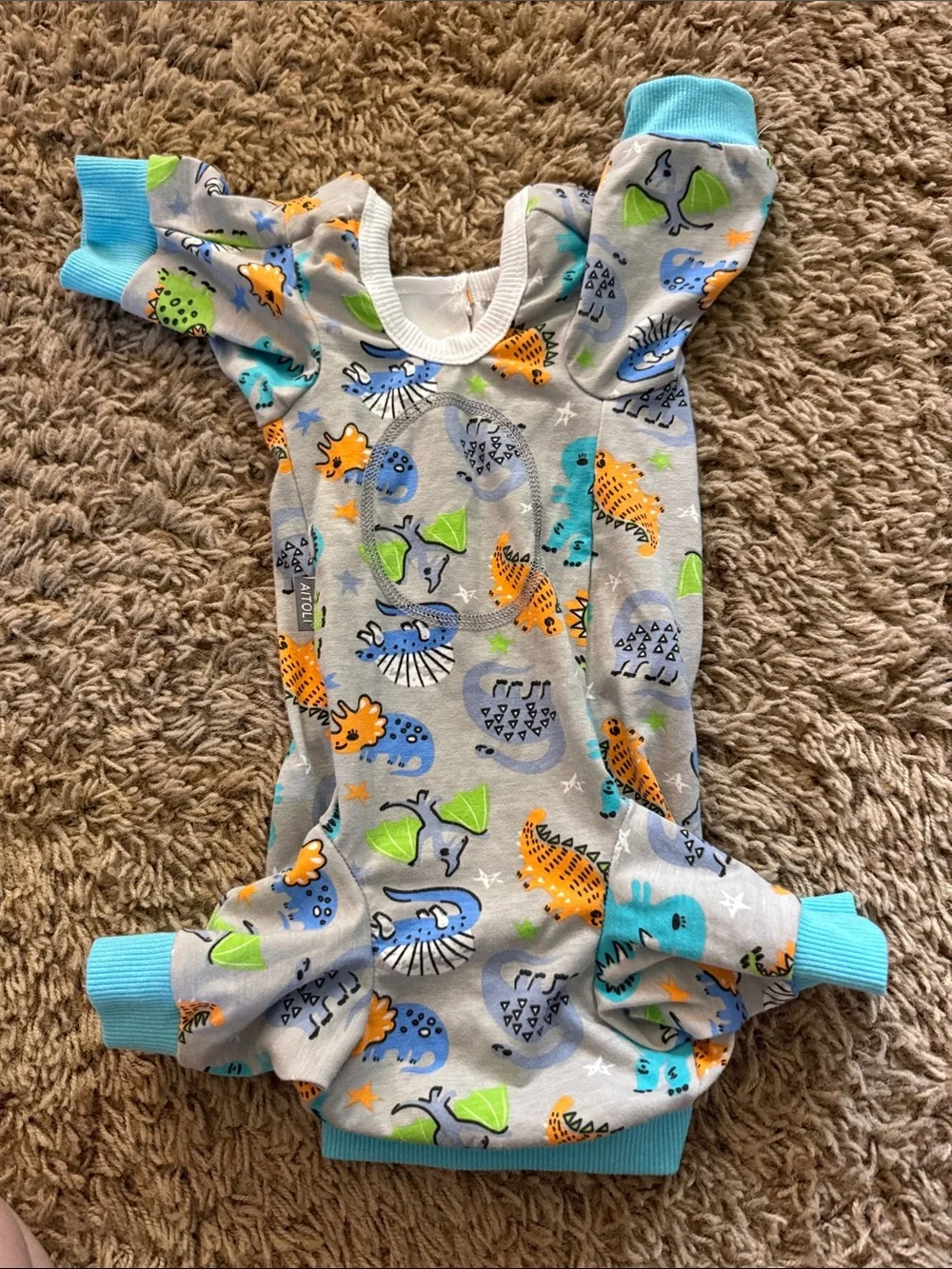 Gray Dino Zip-Up Dog Surgery Recovery Suit. Little dog size XL.